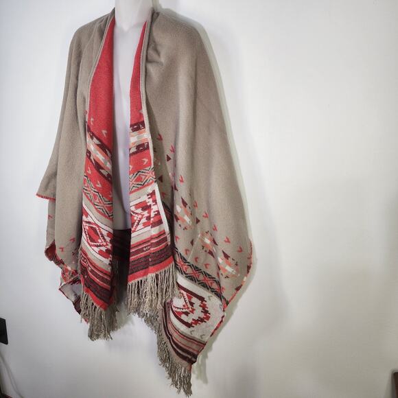 American Eagle Poncho Sweater One Size Aztec Western Open Front Fringe Kimono - Picture 5 of 13